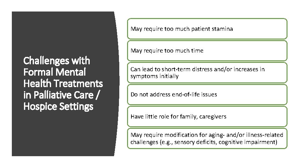 May require too much patient stamina Challenges with Formal Mental Health Treatments in Palliative