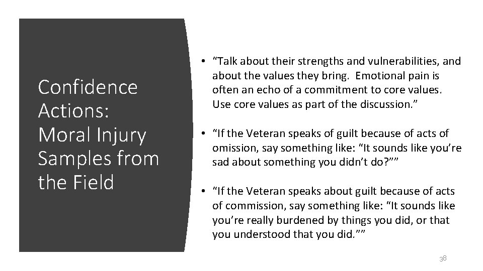 Confidence Actions: Moral Injury Samples from the Field • “Talk about their strengths and