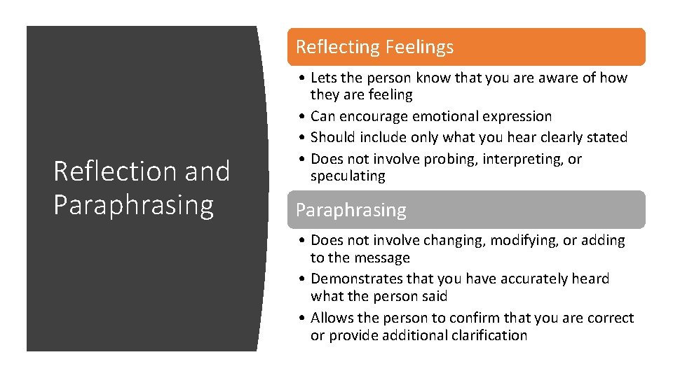 Reflecting Feelings Reflection and Paraphrasing • Lets the person know that you are aware