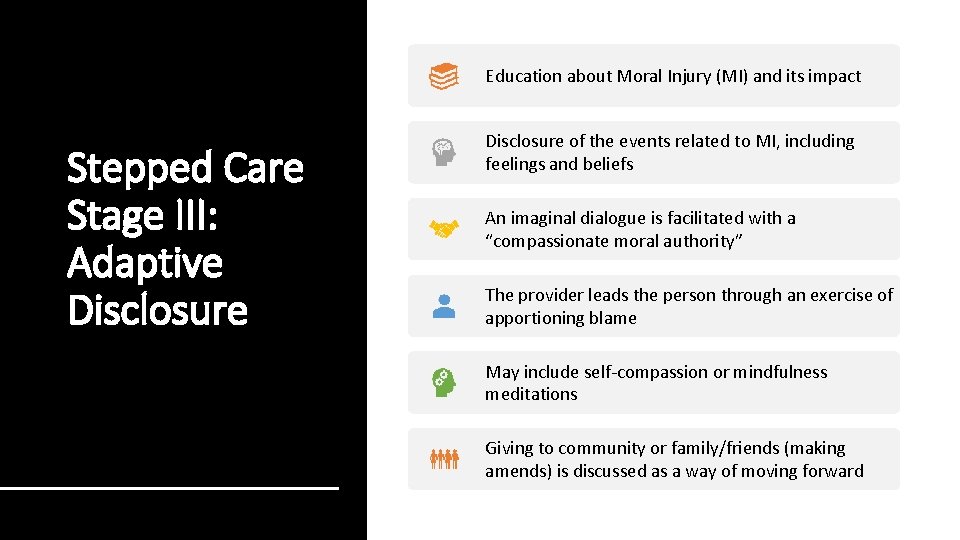 Education about Moral Injury (MI) and its impact Stepped Care Stage III: Adaptive Disclosure