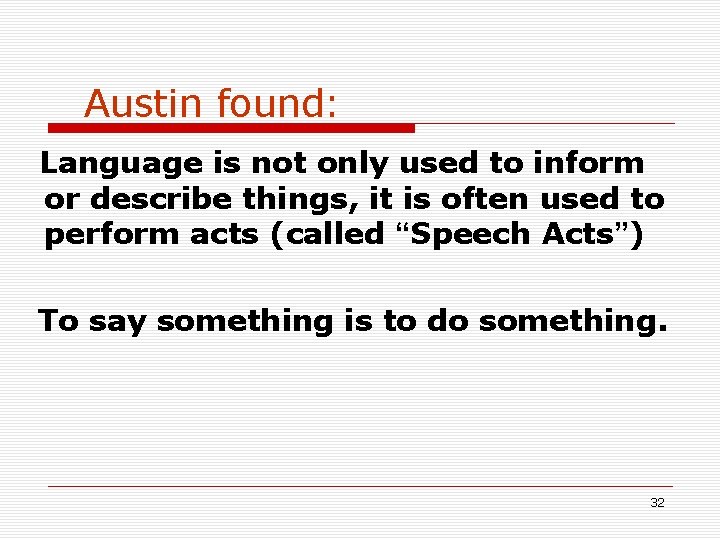 Austin found: Language is not only used to inform or describe things, it is Austin found: Language is not only used to inform or describe things, it is