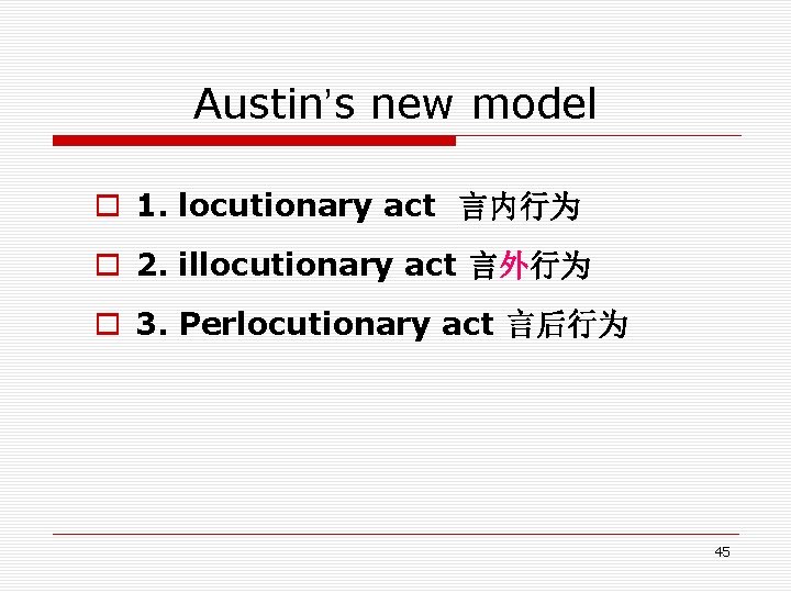 Austin’s new model o 1. locutionary act 言内行为 o 2. illocutionary act 言外行为 o Austin’s new model o 1. locutionary act 言内行为 o 2. illocutionary act 言外行为 o