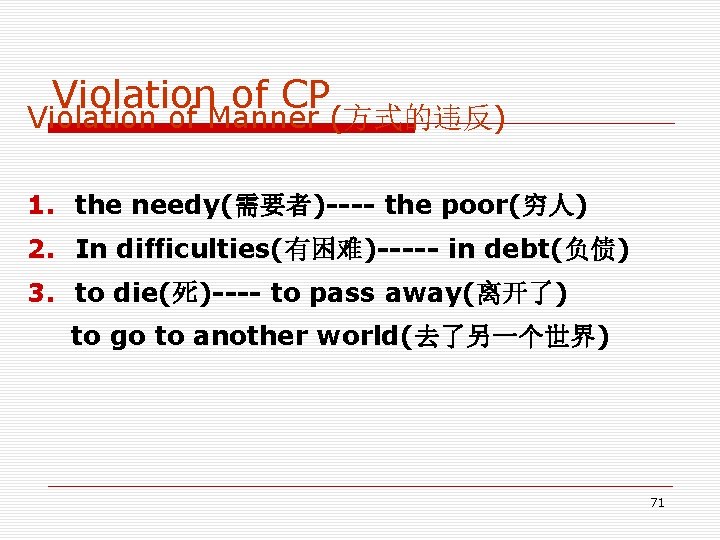 Violation of CP Violation of Manner (方式的违反) 1. the needy(需要者)---- the poor(穷人) 2. In Violation of CP Violation of Manner (方式的违反) 1. the needy(需要者)---- the poor(穷人) 2. In