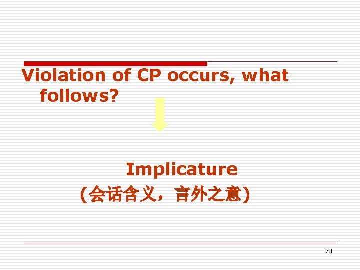 Violation of CP occurs, what follows? Implicature (会话含义,言外之意) 73 Violation of CP occurs, what follows? Implicature (会话含义,言外之意) 73
