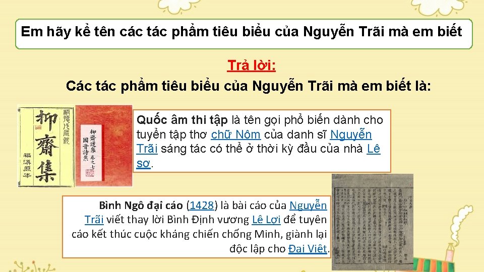 Em hãy kể tên các tác phẩm tiêu biểu của Nguyễn Trãi mà em