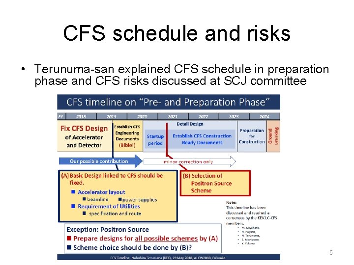 CFS schedule and risks • Terunuma-san explained CFS schedule in preparation phase and CFS