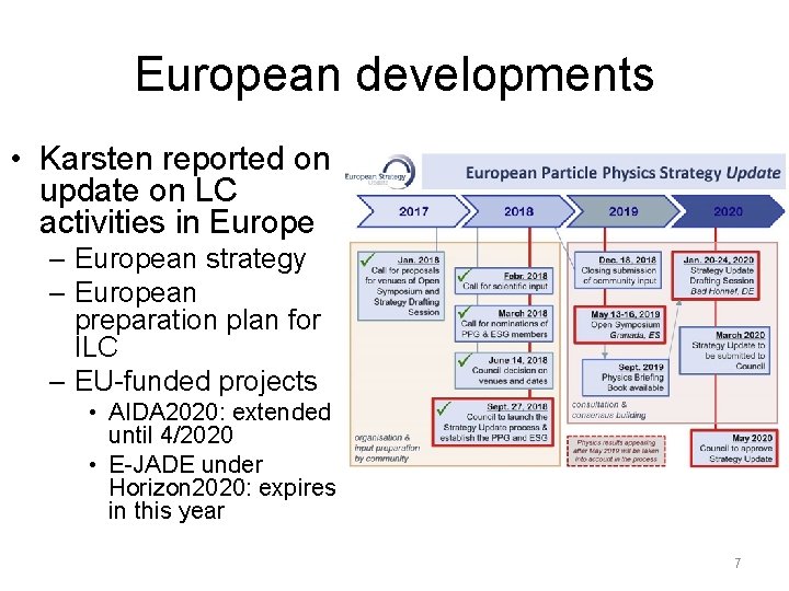 European developments • Karsten reported on update on LC activities in Europe – European