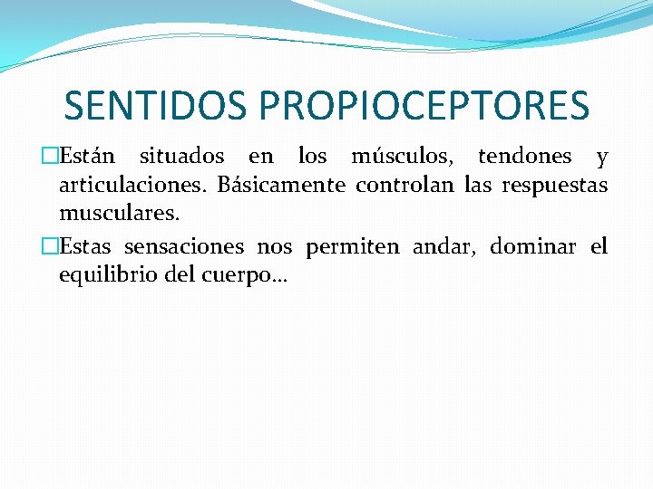 SENTIDOS PROPIOCEPTORES �Están situados en los músculos, tendones y articulaciones. Básicamente controlan las respuestas