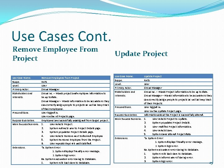 Use Cases Cont. Remove Employee From Project Use Case Name: Scope: Level: Primary Actor: