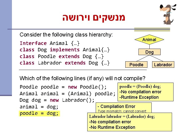  מנשקים וירושה Consider the following class hierarchy: Interface Animal {…} class Dog implements