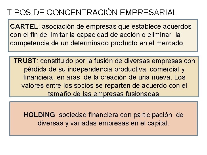 TIPOS DE CONCENTRACIÓN EMPRESARIAL CARTEL: asociación de empresas que establece acuerdos con el fin