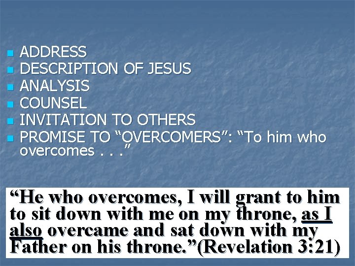 n n n ADDRESS DESCRIPTION OF JESUS ANALYSIS COUNSEL INVITATION TO OTHERS PROMISE TO