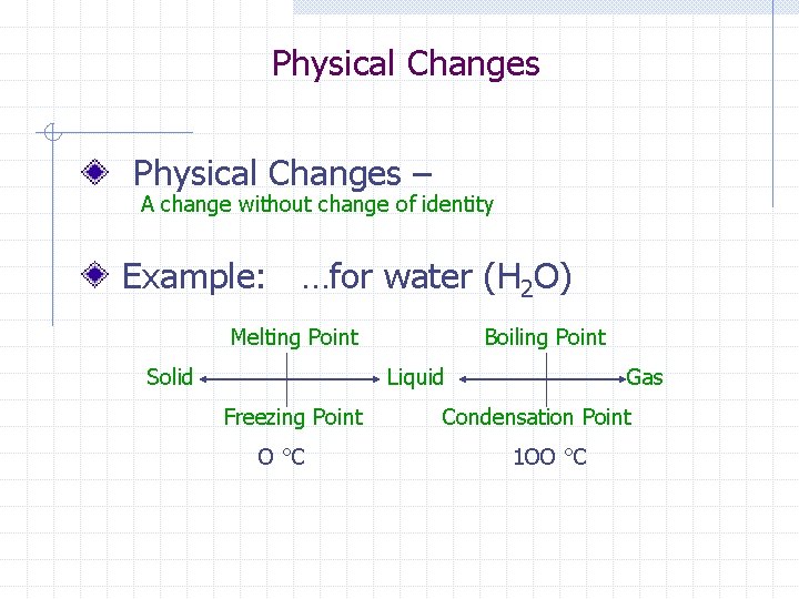 Physical Changes – A change without change of identity Example: …for water (H 2