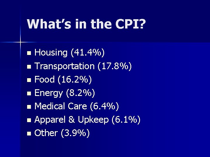What’s in the CPI? Housing (41. 4%) n Transportation (17. 8%) n Food (16.