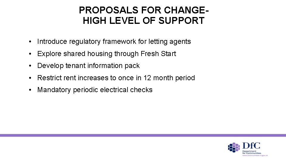 PROPOSALS FOR CHANGEHIGH LEVEL OF SUPPORT • Introduce regulatory framework for letting agents •