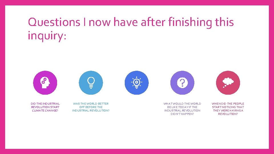 Questions I now have after finishing this inquiry: DID THE INDUSTRIAL REVOLUTION START CLIMATE Questions I now have after finishing this inquiry: DID THE INDUSTRIAL REVOLUTION START CLIMATE