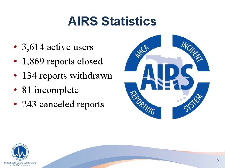 AIRS Statistics • • • 3, 614 active users 1, 869 reports closed 134