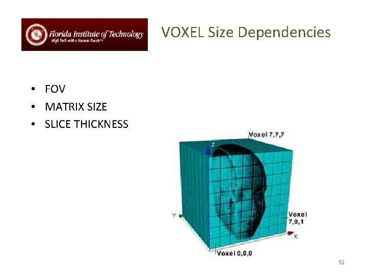 VOXEL Size Dependencies • FOV • MATRIX SIZE • SLICE THICKNESS 51 