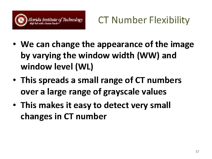 CT Number Flexibility • We can change the appearance of the image by varying