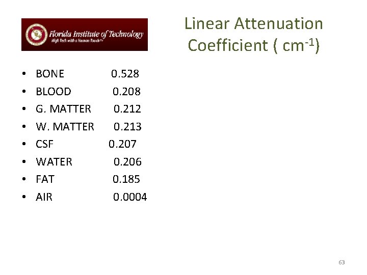 Linear Attenuation Coefficient ( cm-1) • • BONE BLOOD G. MATTER W. MATTER CSF