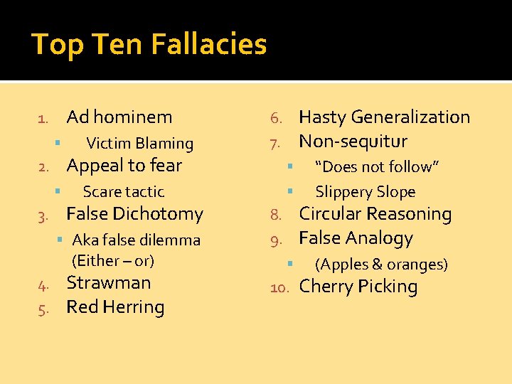 Top Ten Fallacies Ad hominem 1. 2. 3. Victim Blaming Appeal to fear Scare