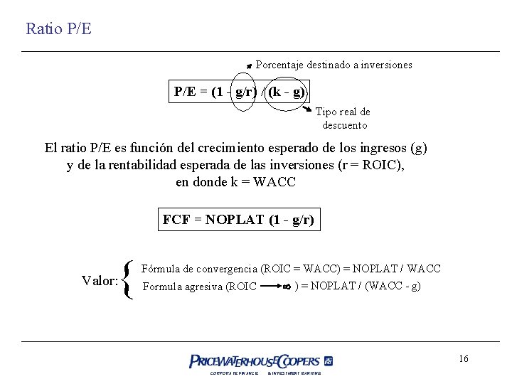 Ratio P/E Porcentaje destinado a inversiones P/E = (1 - g/r) / (k -