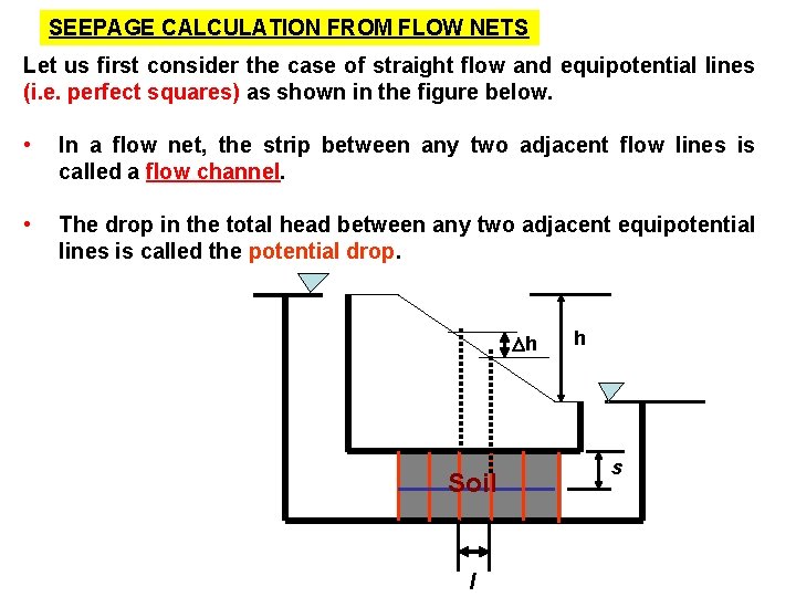 SEEPAGE CALCULATION FROM FLOW NETS Let us first consider the case of straight flow