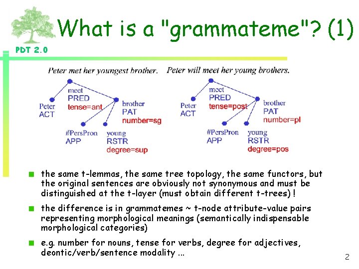 What is a "grammateme"? (1) PDT 2. 0 the same t-lemmas, the same tree