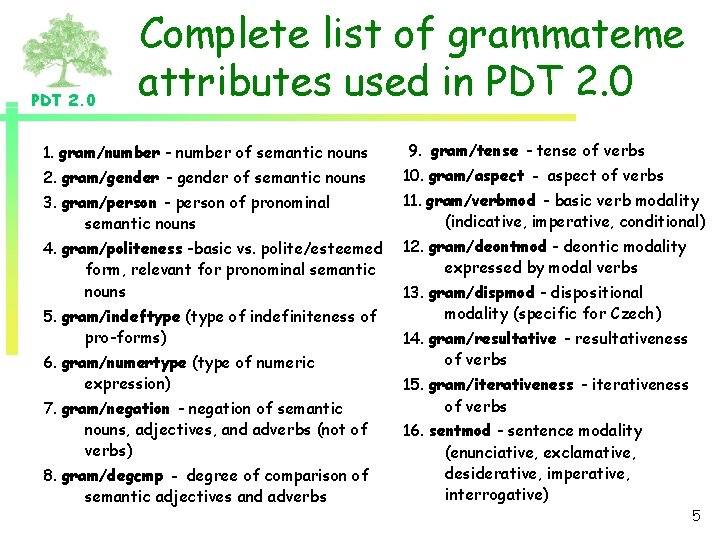 PDT 2. 0 Complete list of grammateme attributes used in PDT 2. 0 1.