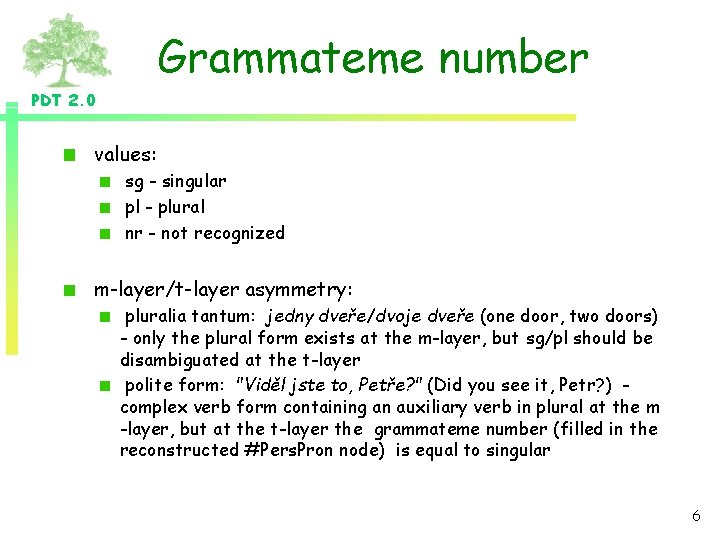 Grammateme number PDT 2. 0 values: sg - singular pl - plural nr -