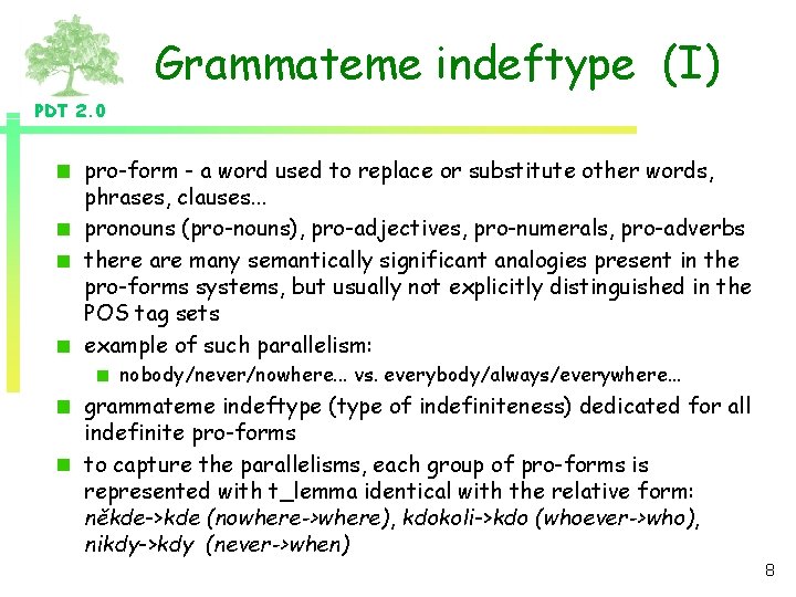 Grammateme indeftype (I) PDT 2. 0 pro-form - a word used to replace or