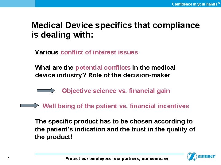 Confidence in your hands ™ Medical Device specifics that compliance is dealing with: Various