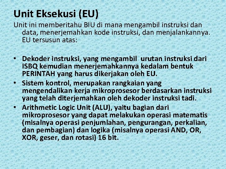 Unit Eksekusi (EU) Unit ini memberitahu BIU di mana mengambil instruksi dan data, menerjemahkan