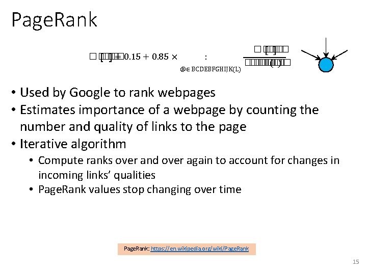 Page. Rank ���� �� = 0. 15 + 0. 85 × : @∈ BCDEBFGHIJK(L)