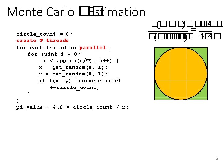 Monte Carlo �� Estimation circle_count = 0; create T threads for each thread in