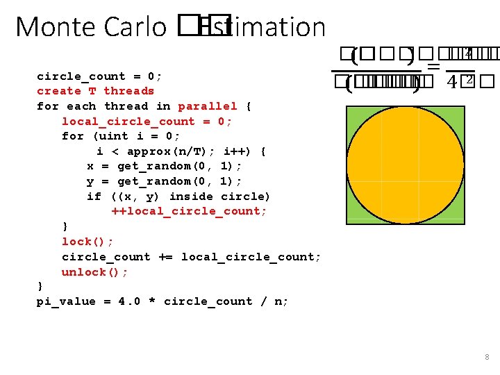 Monte Carlo �� Estimation circle_count = 0; create T threads for each thread in