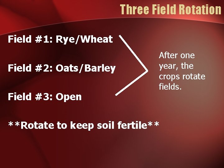 Three Field Rotation Field #1: Rye/Wheat Field #2: Oats/Barley Field #3: Open After one
