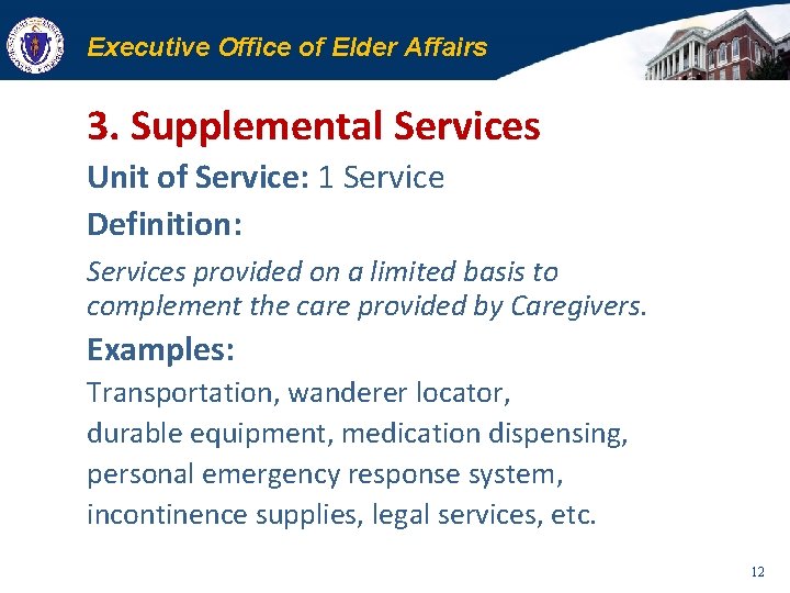 Executive Office of Elder Affairs 3. Supplemental Services Unit of Service: 1 Service Definition: