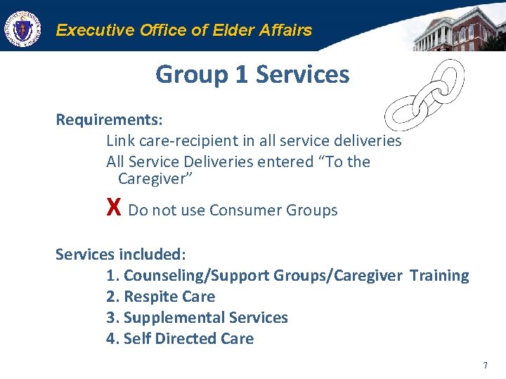 Executive Office of Elder Affairs Group 1 Services Requirements: Link care-recipient in all service