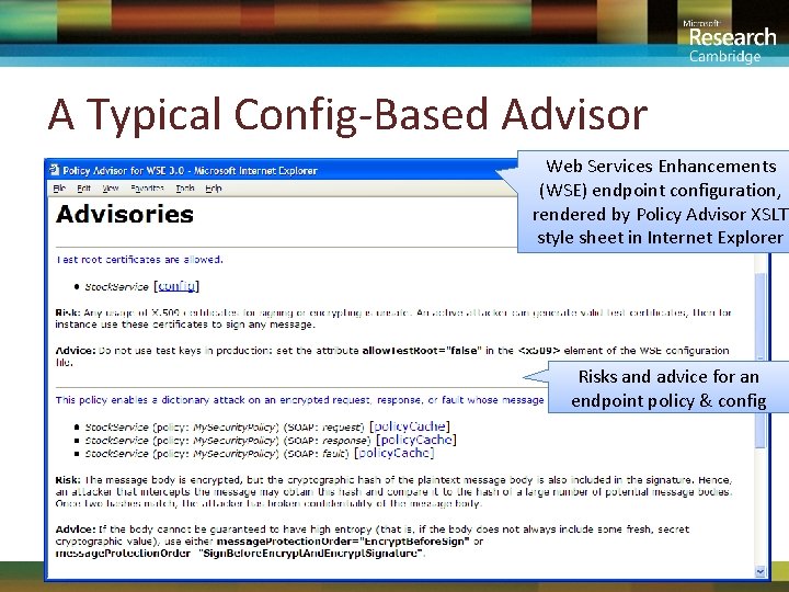 A Typical Config-Based Advisor Web Services Enhancements (WSE) endpoint configuration, rendered by Policy Advisor