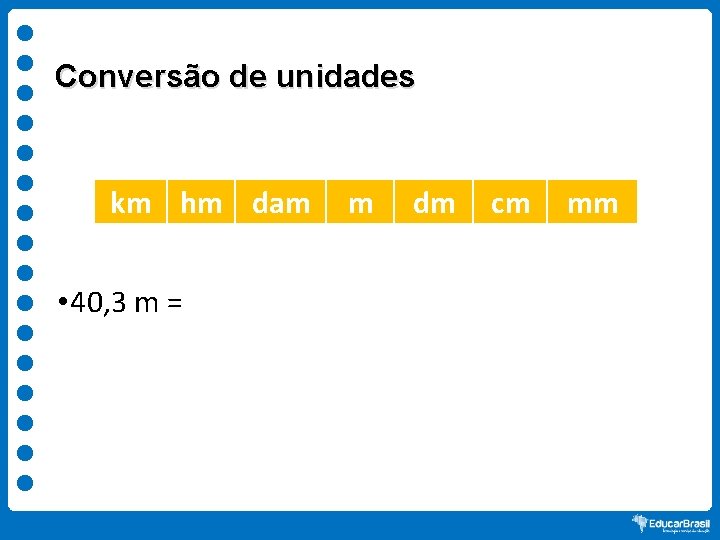 Conversão de unidades km hm dam • 40, 3 m = m dm cm