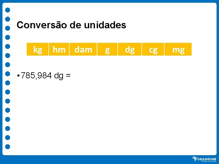 Conversão de unidades kg hm dam • 785, 984 dg = g dg cg