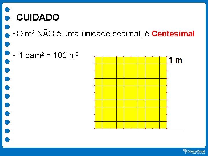 CUIDADO • O m 2 NÃO é uma unidade decimal, é Centesimal • 1