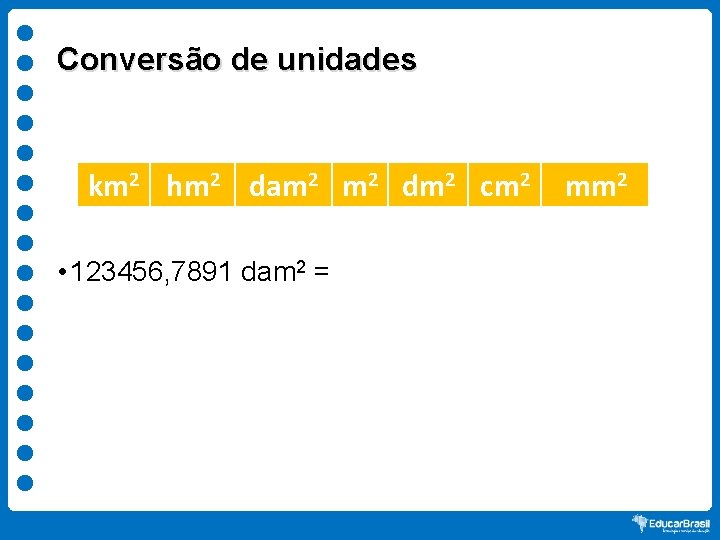 Conversão de unidades km 2 hm 2 dam 2 dm 2 cm 2 •