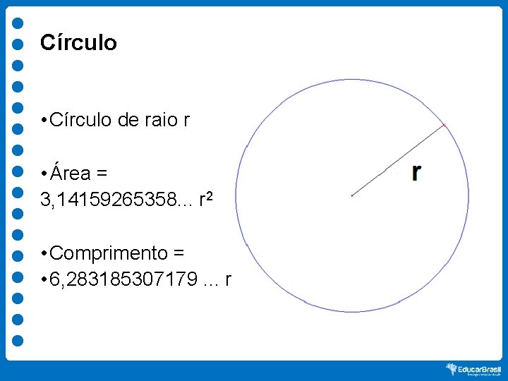 Círculo • Círculo de raio r • Área = 3, 14159265358. . . r