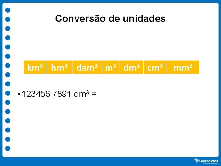 Conversão de unidades km 3 hm 3 dam 3 dm 3 cm 3 •