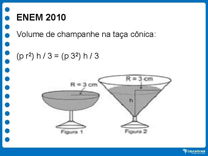 ENEM 2010 Volume de champanhe na taça cônica: (p r 2) h / 3