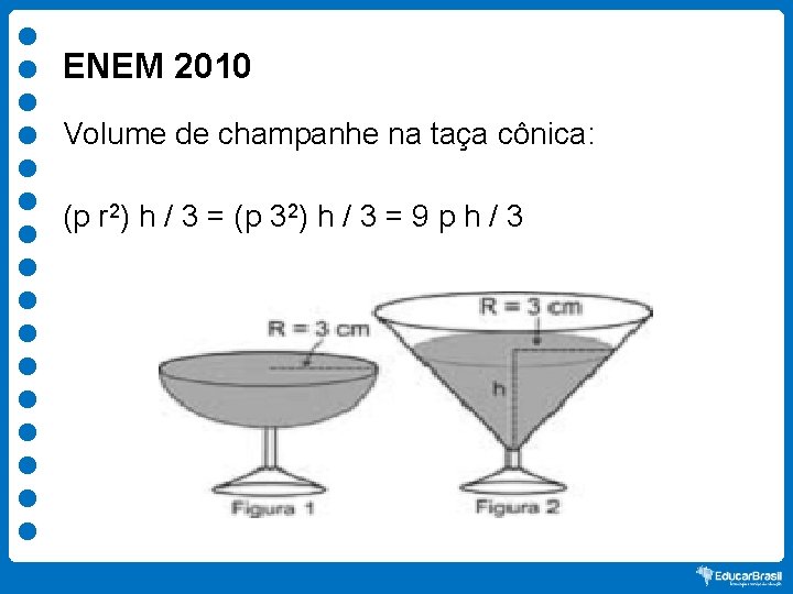 ENEM 2010 Volume de champanhe na taça cônica: (p r 2) h / 3