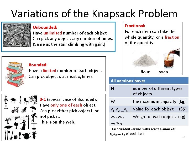 Variations of the Knapsack Problem Unbounded: Have unlimited number of each object. Can pick