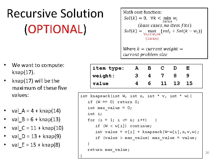 Recursive Solution (OPTIONAL) • We want to compute: knap(17). • knap(17) will be the